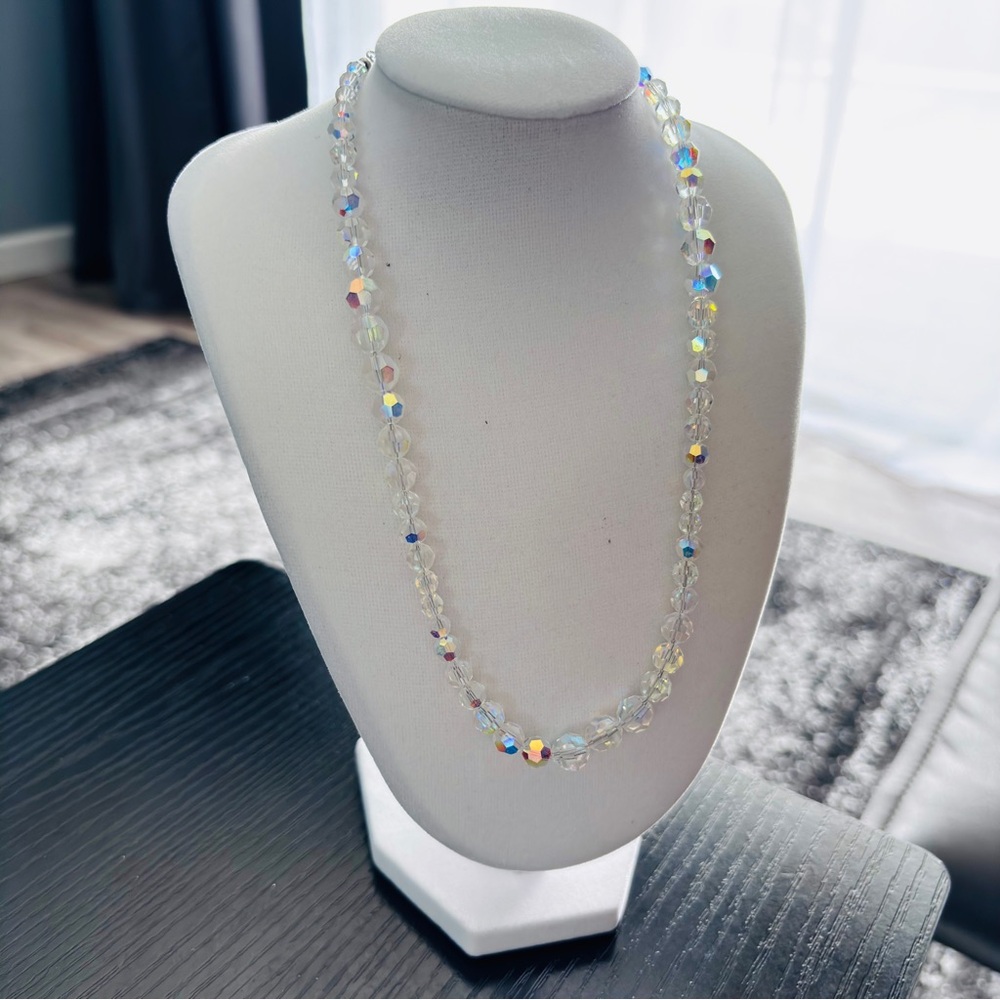 Aurora Borealis Crystal Beaded Necklace Clear AB Sparkle 16”